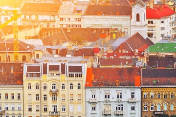 Budapest aerial panoramic view. Top view on street and avenue with old residential buildings and church in Budapest city, capital of Hungary. European summer skyline. Beautiful hungarian cityscape.