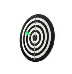 Green arrow hitting target on dart board against white background