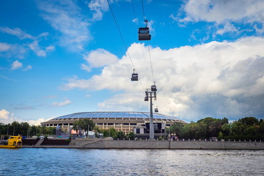 Moscow. Sparrow hills. The funicular allows you to see the capital from a height. Cable car over the river Moscow. Cable car cabins on the background of clouds. Impressions of Russia.