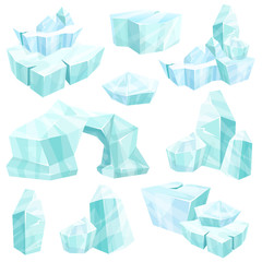 Realistic set of ice crystals, broken icebergs, cold frozen blocks of ice, winter landscape for game cartoon design. Vector isolates on a white background.