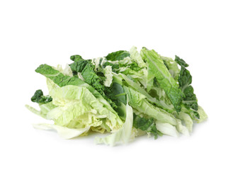 Pile of chopped fresh savoy cabbage on white background