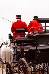 Two white horses with Landau carriage driven by two coachmen in red livery uniforms and top hats seen from back
