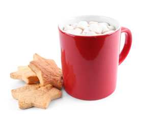 Cup of tasty cocoa with marshmallows and cookies on white background