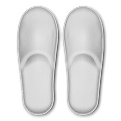 3D Vector Realistic White Detailed Blank Hotel Slippers Icon Closeup Isolated on White Background. Design Template of Home, Bath Soft Slippers for Mock Up. Comfortable Footwear Concept. Top View