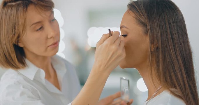 Makeup artist with a brush applies powder on a woman's face. Face makeup in a beauty salon. Portrait view.