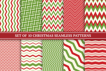 Christmas seamless colorful zigzag patterns. Bright X-mas striped retro backgrounds - vintage style. Endless creative linear textures. Can be used as wrapping paper, covers, wallpaper and etc