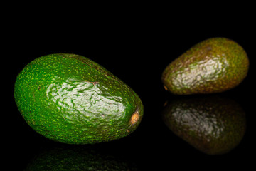 Group of two whole fresh green avocado isolated on black glass