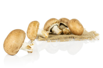 Group of five whole fresh brown champignon on natural sackcloth isolated on white background