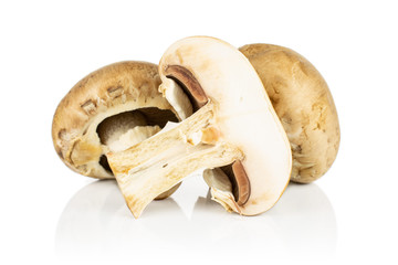 Group of two whole one half of fresh brown champignon isolated on white background