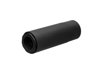 Black silencer for weapons. Suppressor that is at the end of an assault rifle.