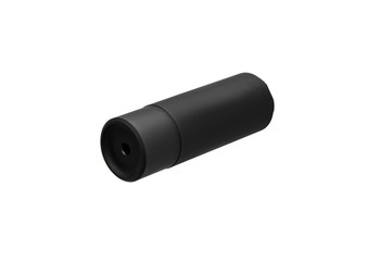 Black silencer for weapons. Suppressor that is at the end of an assault rifle.