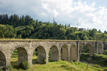 Panoramic view of Old Bridge in the Carpathian Mountains. Vorokhta, Ukraine