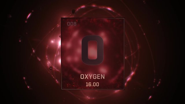 Oxygen as Element 8 of the Periodic Table. Seamlessly looping 3D animation on red illuminated atom design background with orbiting electrons. Design shows name, atomic weight and element number