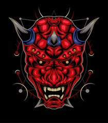 Japanese hannya demon mask.. red devil face illustration. vector head of red demon. japanese demon mask