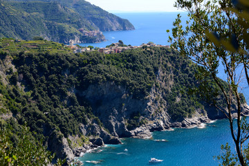 traditional village in Cinque Terre with Mediterranean Sea in the background