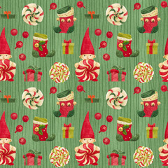 Christmas Elves Factory pattern with stockings and lollipops