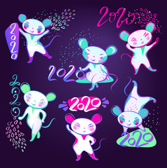 Set template image for Happy new year 2020 with white rat, mice. Lunar horoscope sign year 2020. Funny sketch line  isolate silhouette mouse with long tail. Fun robot style Vector illustration.