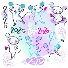 Set template image for Happy new year 2020 with white rat, mice. Lunar horoscope sign year 2020. Funny sketch line  isolate silhouette mouse with long tail. Fun robot style Vector illustration.