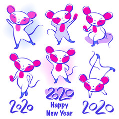 Set template image for Happy new year 2020 with white rat, mice. Lunar horoscope sign year 2020. Funny sketch line  isolate silhouette mouse with long tail. Fun robot style Vector illustration.