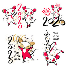 Set template image for Happy new year 2020 with white rat, mice. Lunar horoscope sign year 2020. Funny sketch line  isolate silhouette mouse with long tail. Fun robot style Vector illustration.