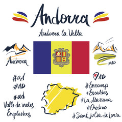 Andorra. Handwritten name country, town, city. Template isolated word text. Abstract silhouette territory. Design modern lettering, hashtag. Vector illustration