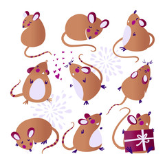 Happy new year 2020. Template set rat, mice with gift, present. Lunar horoscope sign.  Funny sketch mouse with long tail. Vector illustration