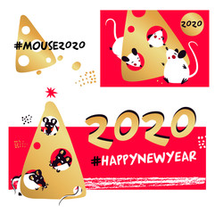 Trend hashtag. Happy new year 2020. Template design card, invitation for Happy new year party with white rat, mice. Funny sketch mouse with long tail. Vector illustration