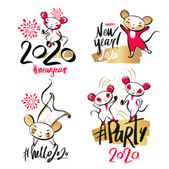 Trend hashtag. Happy new year 2020. Template design card, invitation for Happy new year party with white rat, mice. Funny sketch mouse with long tail. Vector illustration