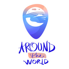 Geolocation pin with badge inside. Point map check location in navigation. Travel point.  Modern design logotype on white background. Text around the world