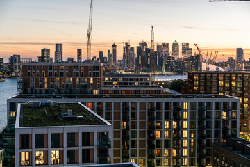 Overlooking London, England from a building during sunset.  