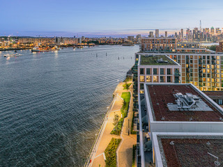 Above the River Thames looking towards the center of London, England at Sunset.  