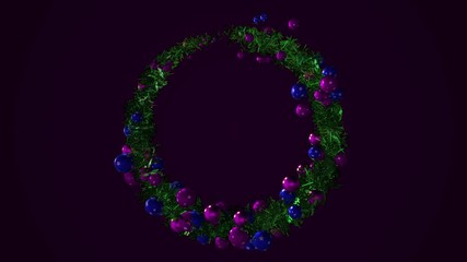 Abstract animation of the beautiful green Christmas wreath decorated by multicolored shiny balls of different sizes rotating on the dark background. Animation. Amazing Christmas animated background - Powered by Adobe