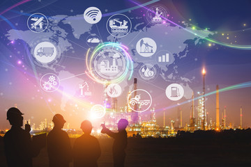 Double exposure Silhouette of the engineering team is working at the oil and gas refinery in a large energy industrial ,and physical system icons concept, Industry 4.0 concept.