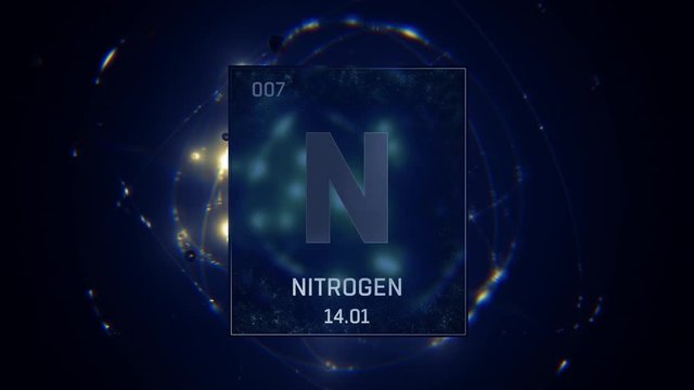 Nitrogen as Element 7 of the Periodic Table. Seamlessly looping 3D animation on blue illuminated atom design background with orbiting electrons. Design shows name, atomic weight and element number