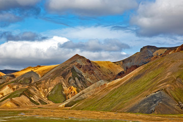 Beautiful and colorful mountain landscape in Landmannalaugar, Iceland. Travel and scenic places to hike..