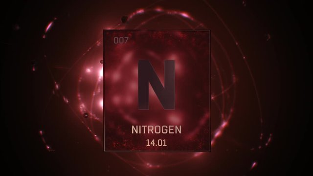 Nitrogen as Element 7 of the Periodic Table. Seamlessly looping 3D animation on red illuminated atom design background with orbiting electrons. Design shows name, atomic weight and element number 