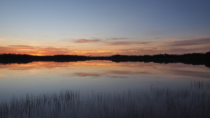 Sunrise cloudscape reflected on calm water of Nine Mile Pond in Everglades National Park, Florida.