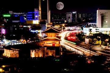 Dongdaemun at night in Seoul, South Korea.