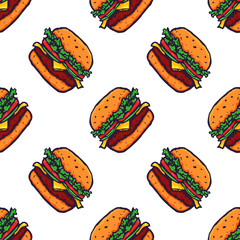 Hand Drawn Burger Seamless Pattern Background. Vector