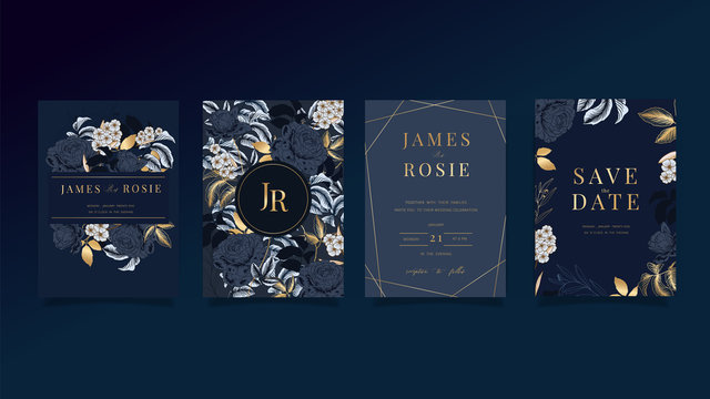 Luxury Wedding Invitation set,  invite thank you, rsvp modern card Design in Golden and white rose with leaf greenery branches  decorative Vector elegant rustic template - Powered by Adobe