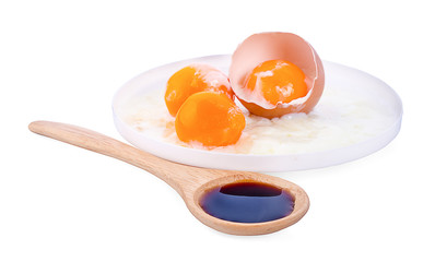 Raw chicken eggs on white background