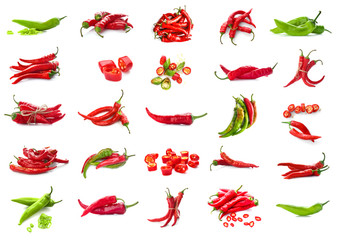 Set with hot chili peppers isolated on white - obrazy, fototapety, plakaty