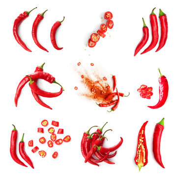 Set with hot chili peppers isolated on white