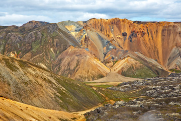Beautiful and colorful mountain landscape in Landmannalaugar, Iceland. Travel and scenic places to hike..