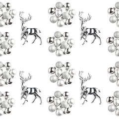 christmas seamless pattern made of snowflakes and silver color toys deer on white background. winter concept, flat lay, top view