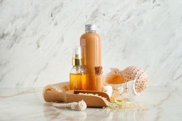 Spa items with sea shell on white background