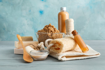 Spa items on grey table