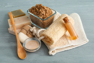 Spa items on grey table