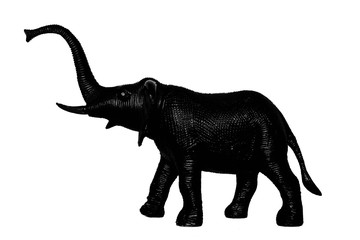 Black silhouette of elephant with trunk raised up on edge of top of cliff howl on white background. Isolated.