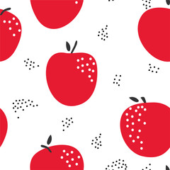 Seamless pattern of Red apples and dots on white background. Modern retro. Minimalism. Fruit. Creative design. Vector abstract print for fabric or Wallpaper.